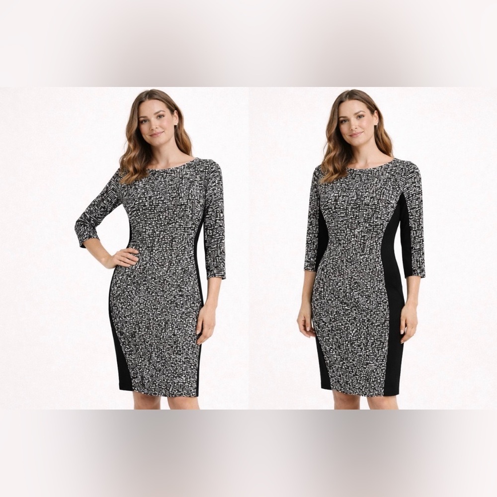 Ralph Lauren Dress 6 Black White Panel 3/4 Long Sleeve Stretch Sheath Washable
